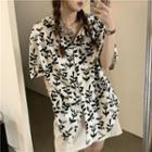 Elbow-sleeve Leaf Print Shirt Black & White - One Size