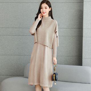 Set: Long-sleeve Knit A-line Dress + Short-sleeve Sweater