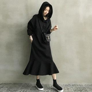 Ruffle-hem Fleece-lined Maxi Hoodie Dress