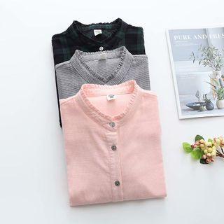Long-sleeve Stand Collar Frill Trim Check Shirt