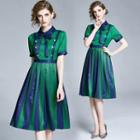 Two-tone Collared Short-sleeve A-line Dress