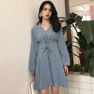 V-neck Long-sleeve A-line Dress Blue - One Size
