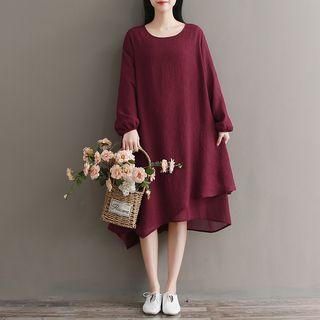 Long-sleeve Midi Chiffon Dress Wine Red - One Size