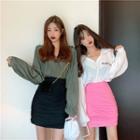 Lettering Long-sleeve Loose-fit Hoodie / Plain High-waist Skirt