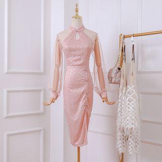 Sheer Panel Long-sleeve Midi Sheath Dress