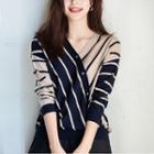Long-sleeve V-neck Button-up Striped Knit Top