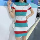Short-sleeve Striped Mini Knit Dress Stripes - Blue & White - One Size