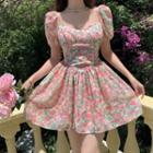 Puff-sleeve Floral Print Square-neck Mini Dress