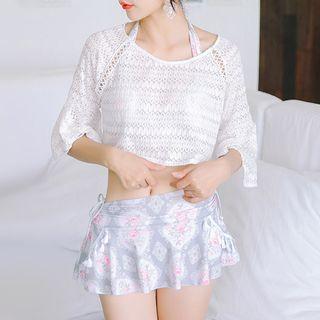 Set: Floral Print Bikini + Swim Skirt + Elbow-sleeve Lace Cover-up
