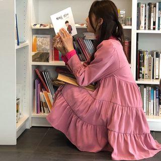Square-neck Long-sleeve Dress Pink - One Size