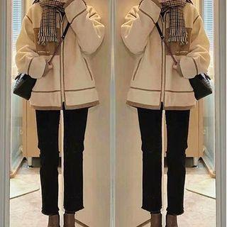 Lettering Pocket Detail Faux Shearling Jacket / Cropped Straight Leg Jeans