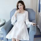 Set: Plain Slipdress + Lace Trim Long-sleeve Dress