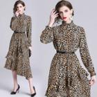 Long-sleeve Leopard Print A-line Midi Dress