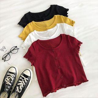 Plain Crewneck Single-breasted Ruffled-trim Short-sleeve Knit Top