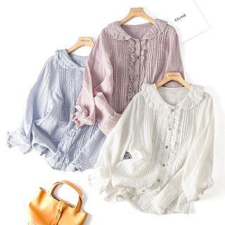 Puff-sleeve Lace Trim Pintuck Blouse