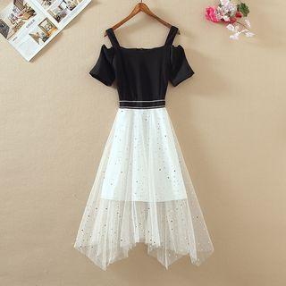 Off-shoulder Short-sleeve Top + Mesh Skirt Set
