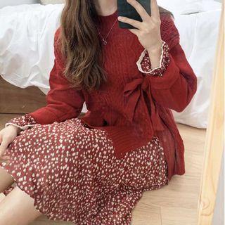 Tie-front Sweater / Long-sleeve Floral Print Midi A-line Dress