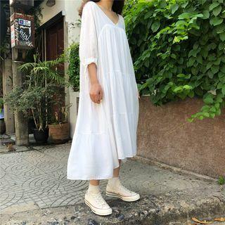 V-neck 3/4-sleeve Maxi A-line Dress White - One Size