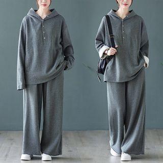 Plain Buttoned Hoodie + Plain Wide-leg Pants