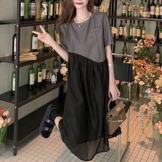 Elbow-sleeve Two-tone Midi A-line Dress Black & Gray - One Size