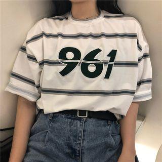 Short-sleeve Embroidered Striped T-shirt As Shown In Figure - One Size