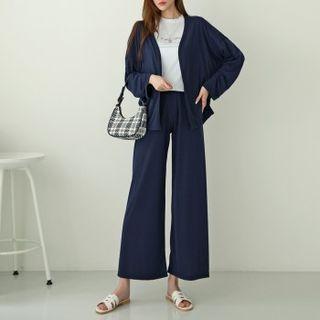 Set: Open-front Cardigan + Wide-leg Pants
