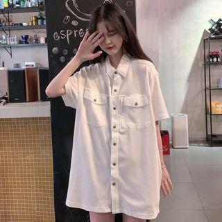 Elbow-sleeve Buttoned Mini Dress