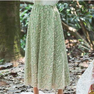 Elasticized Floral Print Midi Skirt