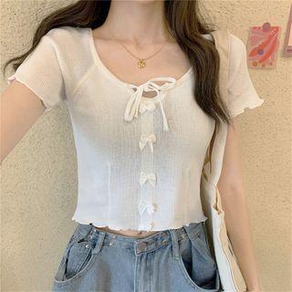 Short-sleeve Tie-front Frill Trim Crop Top
