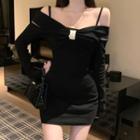 Long-sleeve Cold Shoulder Bow Mini Bodycon Dress