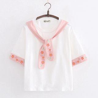 Short-sleeve Inset Scarf Sakura Embroidered Tee