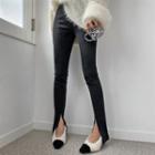Deep-slit Seam-trim Leggings Black - One Size