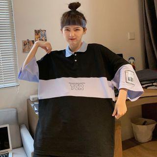 Color-block Polo-neck Elbow-sleeve T-shirt