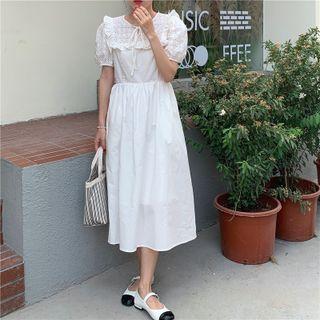 Puff-sleeve Eyelet Ruffle Trim Midi A-line Dress