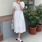 Puff-sleeve Eyelet Ruffle Trim Midi A-line Dress