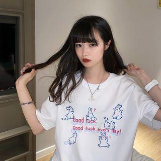 Elbow-sleeve Rabbit Print T-shirt White - One Size