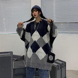 Color Block Distressed Oversize Sweater Blue - One Size