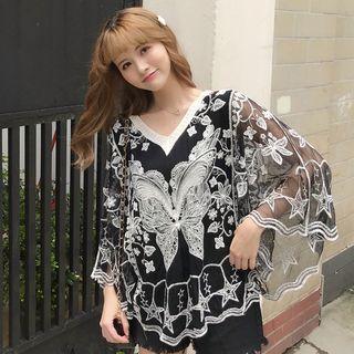 Cape-sleeve Embroidered Top