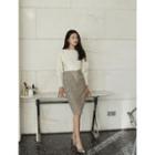 Herringbone Wool Blend Midi Pencil Skirt
