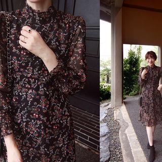 Frill-neck Floral Print Dress