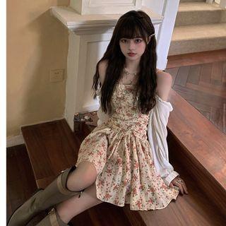 Long-sleeve Off-shoulder Floral Mini A-line Dress