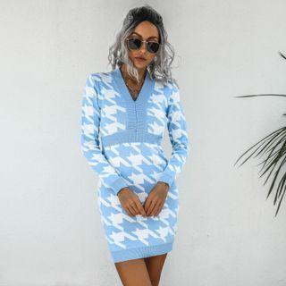 Long-sleeve Houndstooth Knit Mini Sheath Dress