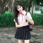 Shirt / Pleated Skirt / Bow / Stockings