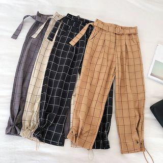 Plaid High-waist Drawcord Harem Pants
