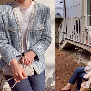 Open-front Faux-pearl Tweed Jacket