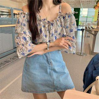Short-sleeve Spaghetti-strap Floral Ruffled Blouse