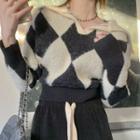 Lapel Argyle Cropped Knit Top Black & White - One Size