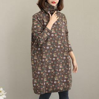 Floral Turtleneck Pullover Dress As Shown In Figure - One Size
