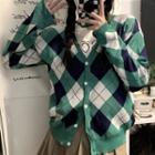 V-neck Argyle Knit Cardigan Green - One Size