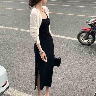 Plain Cardigan / Spaghetti Strap Slit Midi Bodycon Dress / Set